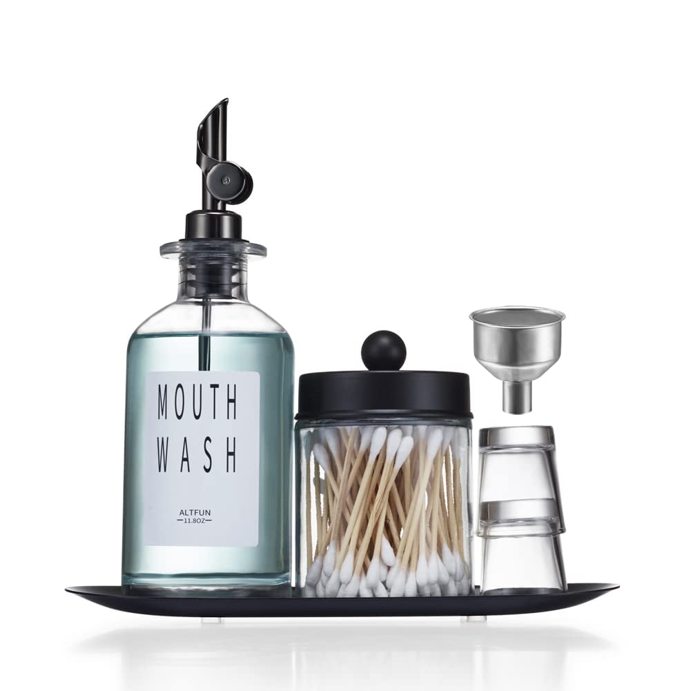 Dispensador De Enjuague Bucal Altfun Glass, 350 Ml, Recargable Con Vasos, Color Negro