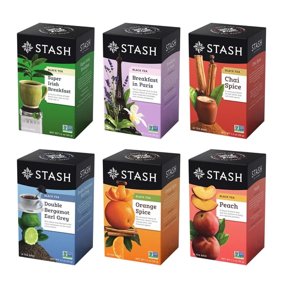 Paquete variado de té STASH, té negro con cafeína, 6 x 18 a 20 bolsas
