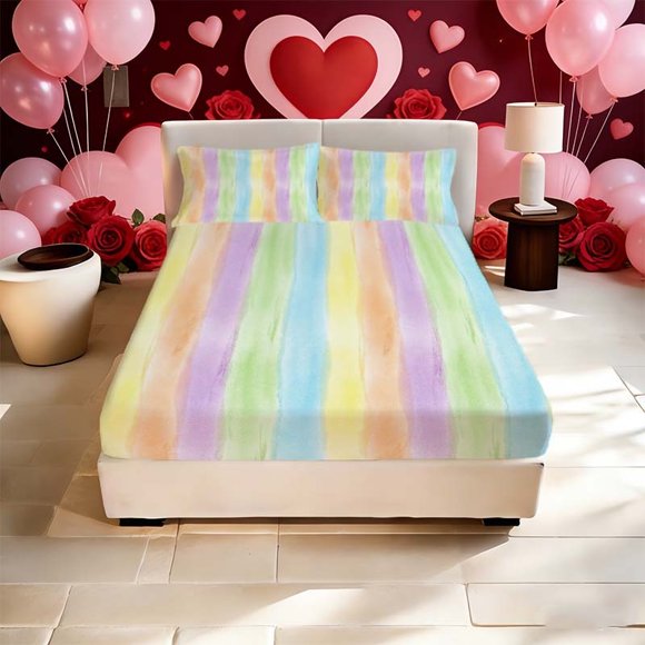 Macaron Striped Pattern Printed Fitted Sheet Set a Household Essential for Guest Rooms with Deep Pockets to Stay Securely in Place It's the Perfect Gift for Hol