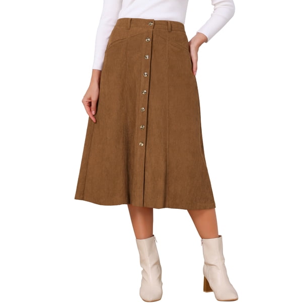 Falda de Pana Línea A para Mujer INSPIRE CHIC Otoño Invierno Cintura Alta Falda Midi Abotonada con Bolsillos Conjunto de Oficina L Marrón