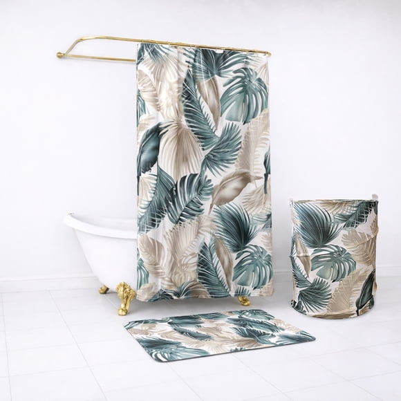 Set para baño Nautica Home Cortina+Alfombra+cesta diseño hojas tropicales