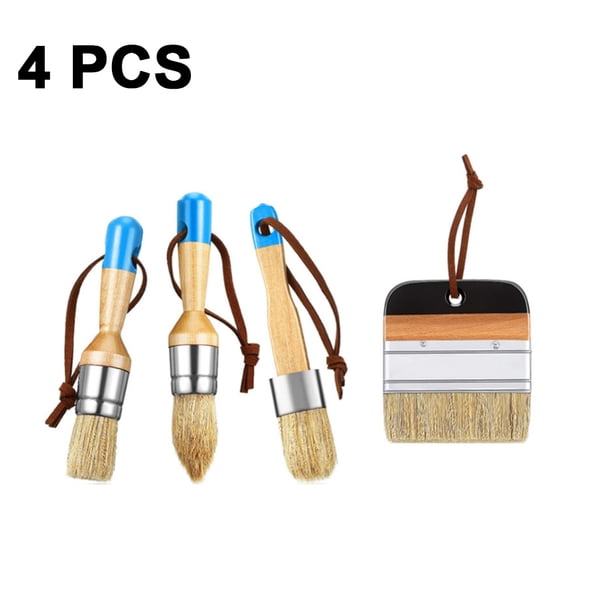 Juego de 4 pinceles para tiza y cera, de cerdas naturales, para muebles, madera y decoración del hogar. Incluye pinceles planos, redondos, grandes y puntiagudos.