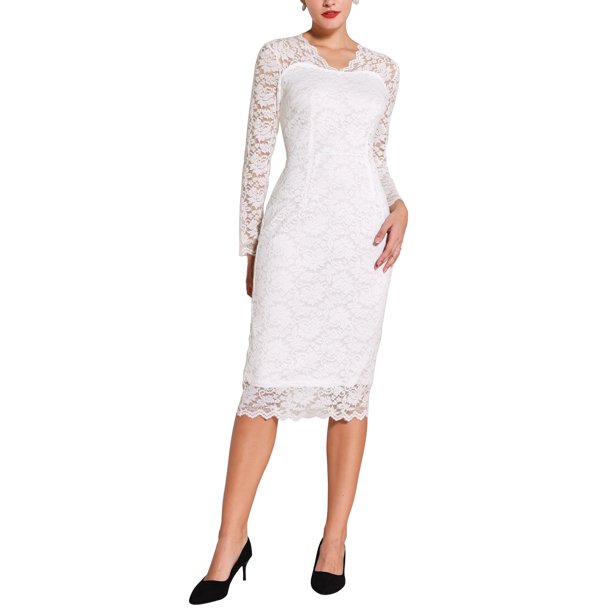 INSPIRE CHIC Vestido de Mujer Escote en V Encaje Floral Transparente Manga Larga Midi Vestido de Cóctel XL Blanco