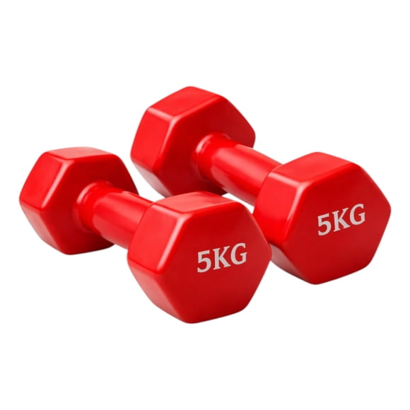 Mancuernas Hexagonales PWRFitness 5 Kg Neopreno Rojo Set 2 Unidades