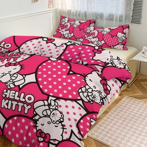Cartoon Hello Kitty Friend Gir Bedding Set for Kids 3 Piece Bedding with 1 Flat Sheet And 2 Pillowcases King Bed Sheets