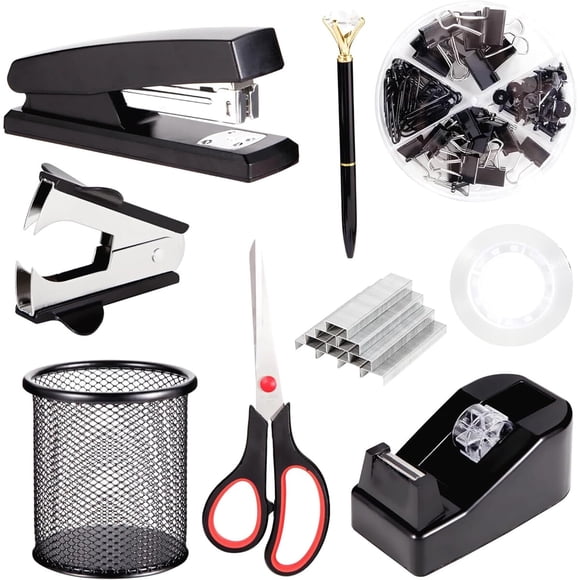 Set Accesorios Oficina Negro 9 Piezas Con Abrochadora