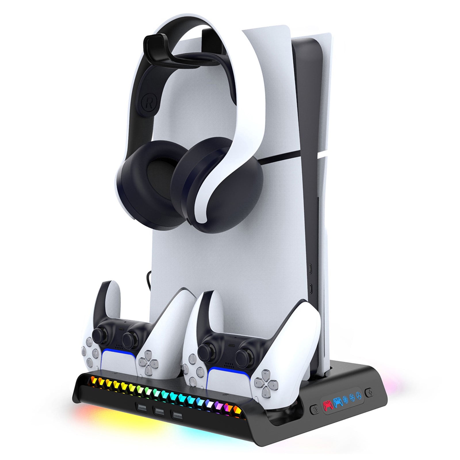 Genérico - Soporte De Carga Con Ventilador De Refrigeración Para Consola Ps5 Pro/slim, Estación De Carga Vertical Para Controladores Con 9 Luces Rgb, Gancho Para Auriculares Y Ventilador Silencioso De 3 Niveles
