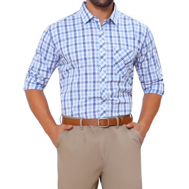 INSPIRE CHIC Camisa de Vestir de Manga Larga a Cuadros para Hombre Cuello de Punta Botón Camisa a Cuadros L Blanco Azul