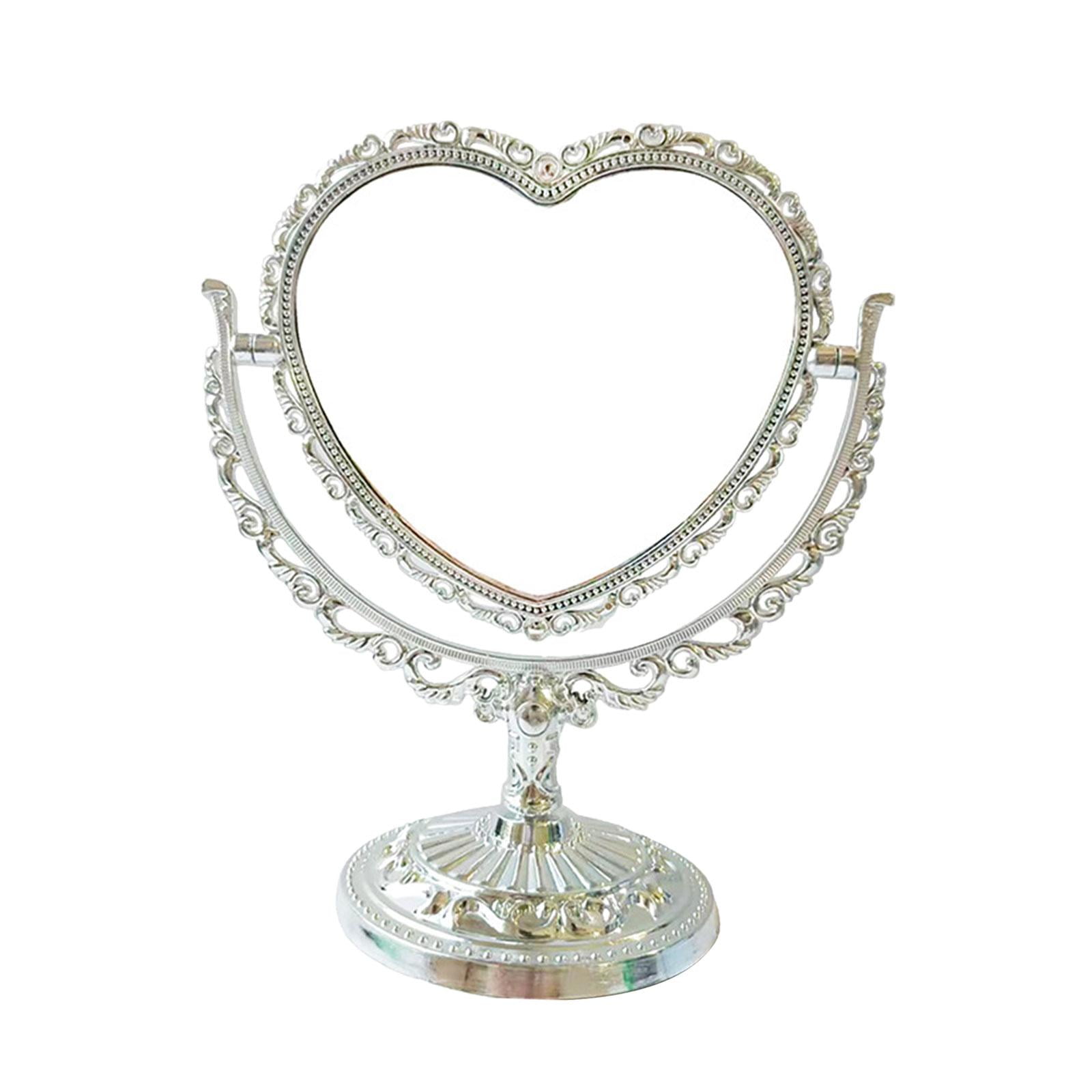 Magideal - Espejo De Maquillaje De , Espejo De Escritorio Con Soporte, Espejo De Tocador De Escritorio Ajustable Retro Para Tocador De Hotel, Oficina, Forma De Corazón Plateado