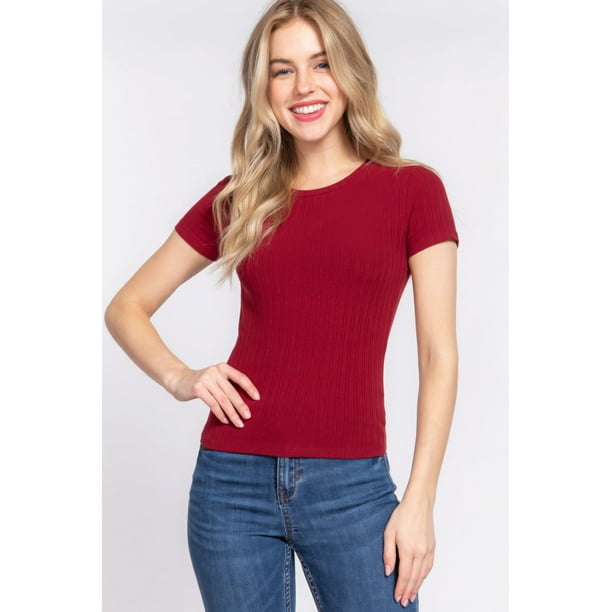 Saronite Top Básico de Algodón Acanalado, Manga Corta y Cuello Redondo, Color Vino (Mujer)