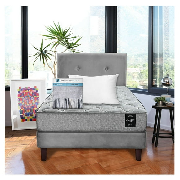 Cama Cannon 1 1/2 Plazas + Almohada + Sabanas + Respaldo Tela Gris