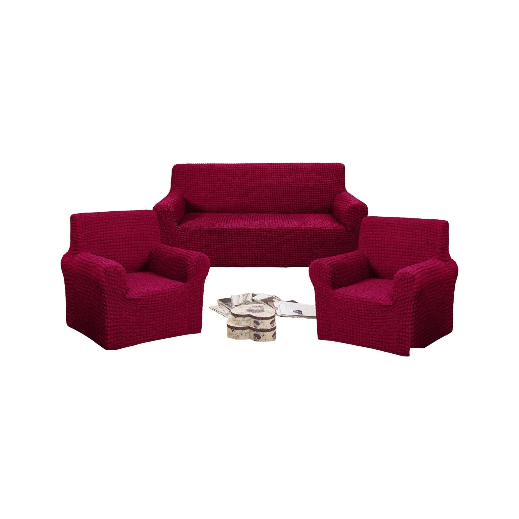 Teng Fei - Set De Fundas Cubre Sillon 3+1+1 - Modelo Cuadrille Burdeo