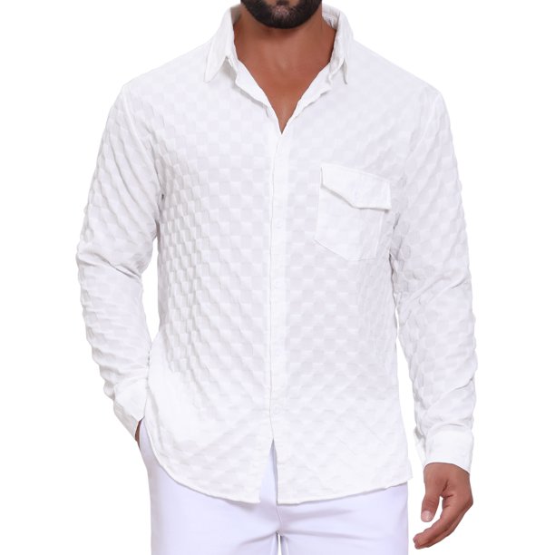 INSPIRE CHIC Conjunto Camisa Texturizada a Cuadros para Hombre Camisa Casual de Bolsillo Sólido de Manga Larga S Blanco