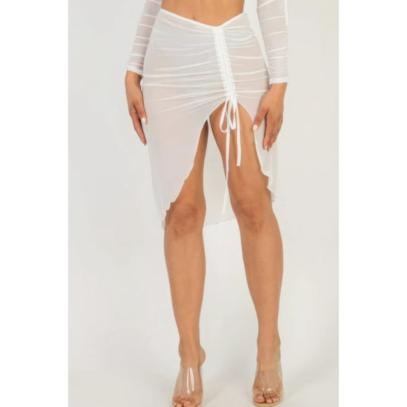 Falda Sexy Fruncida con Cordón de Malla Transparente