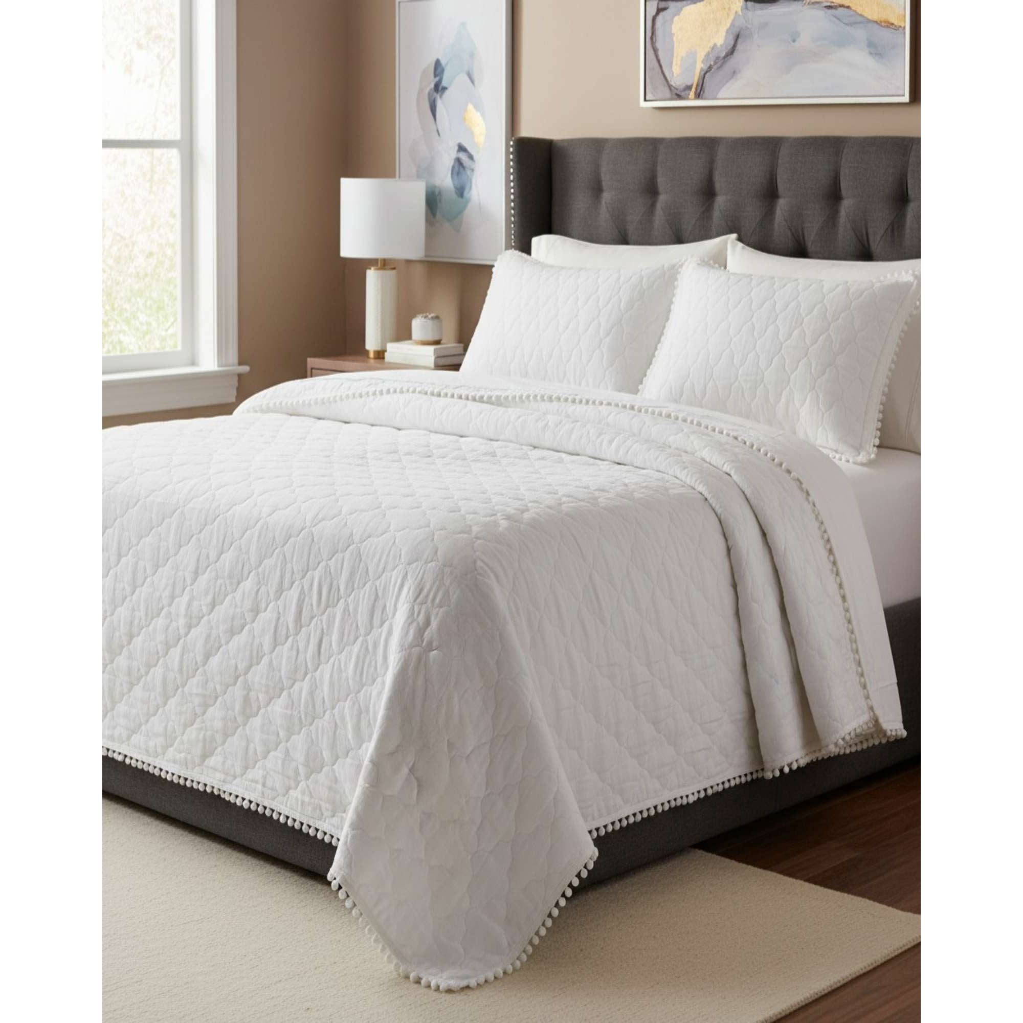Imac Hogar - Quilt Premium Blanco Boho-chic Con Pompones 2 Plazas