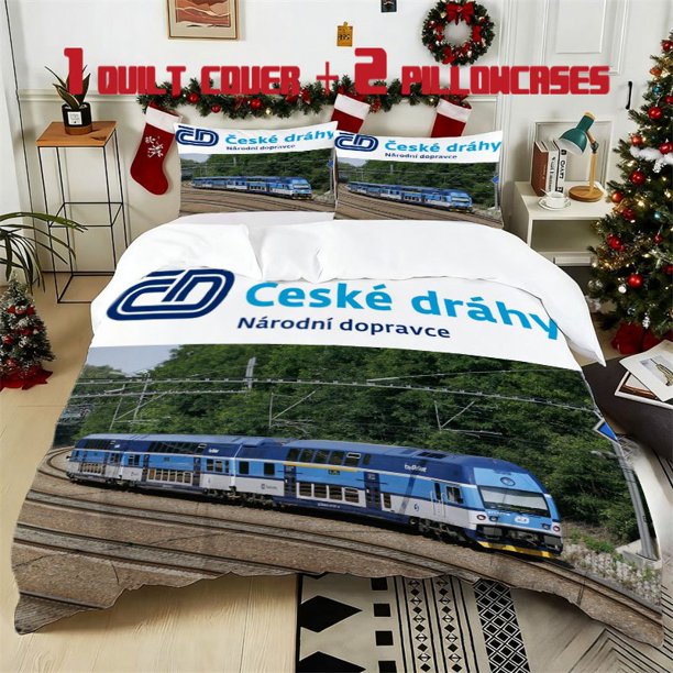 3pcs Czech Railway Train Printed Bedding Set Soft Duvet Cover with 2 Pillowcases All Season Comfort