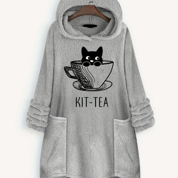 Cat Print Big Pocket Hoodie, Casual Long Sleeve Fleece Hoodies Sweatshirt, Women's Clothing