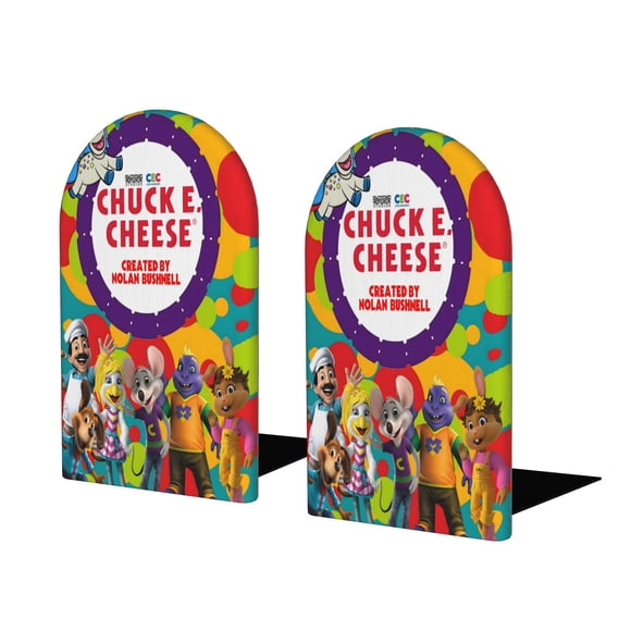 Chuck E. Cheese Sujetalibros decorativos temáticos, tope para estantería con base antideslizante, uso dual para hogar y oficina - 2 piezas