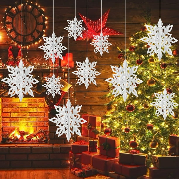 Adornos colgantes de copos de nieve para Navidad, 6 guirnaldas de copos de nieve 3D brillantes, grandes copos de nieve blancos para Navidad, fiestas de Año Nuevo, decoración del hogar.