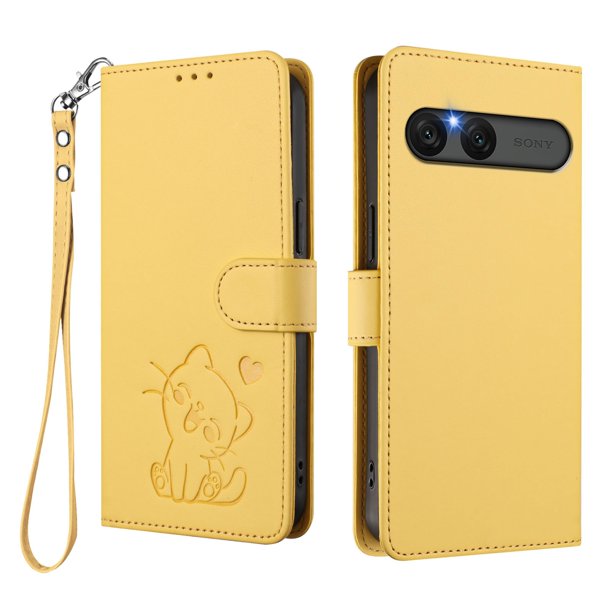 Sony Xperia 10 VII Funda Billetera con Estampado de Gato, Amarillo
