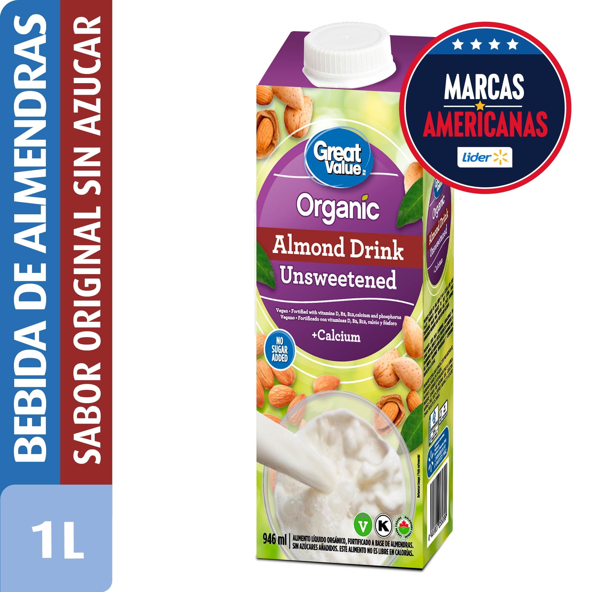 Bebida Vegetal Almendras Sin Azúcar 946 ml Great Value