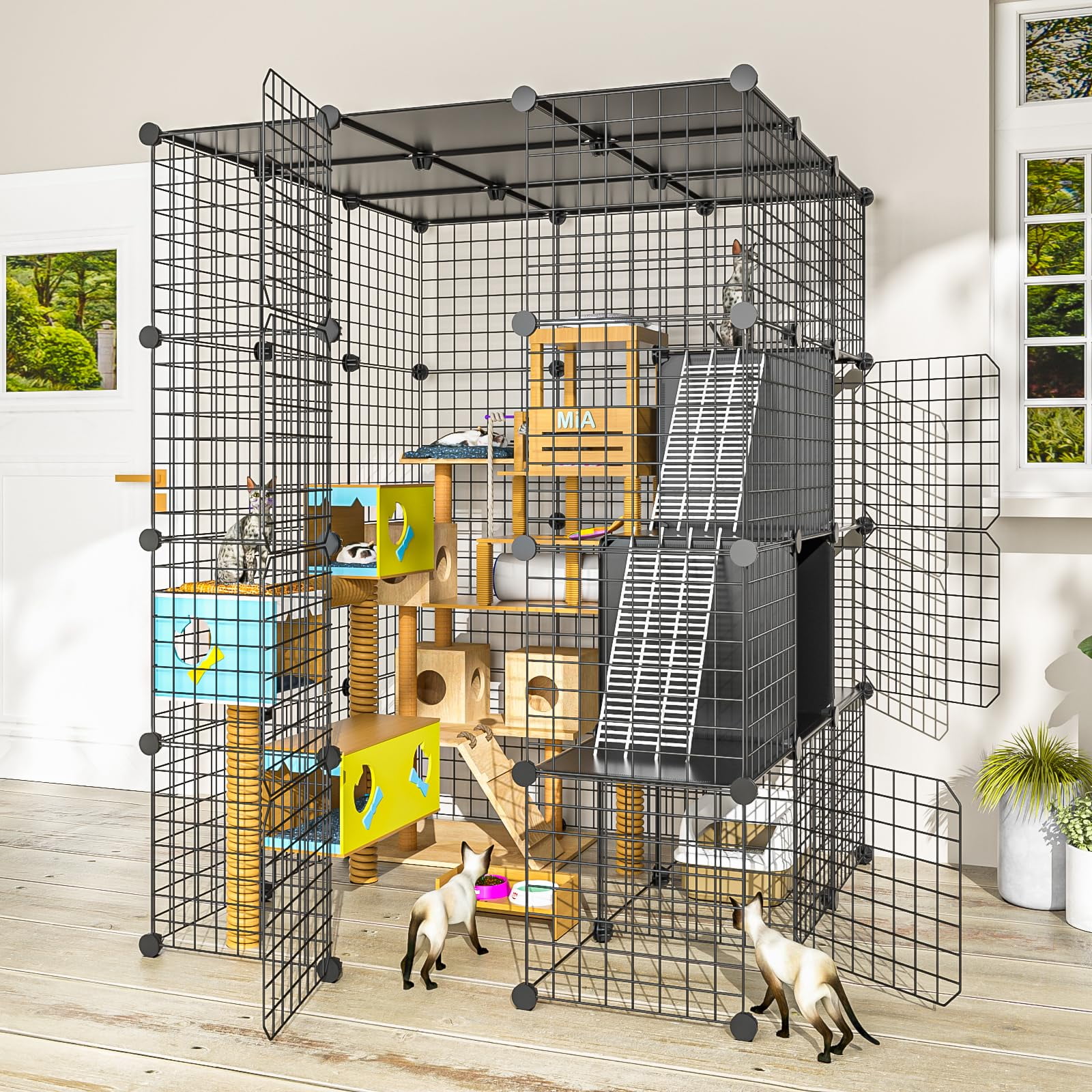Jaula Para Gatos Pawing Grande De Alambre Metálico 104x104x140 Cm Con Almacenamiento