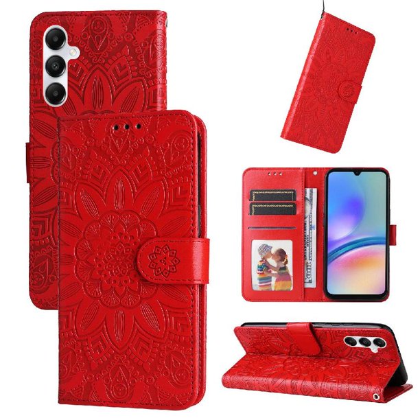 Funda tipo cartera FOXDOCK para Samsung Galaxy A05s , diseño girasol en relieve, cuero PU, cierre magnético, soporte y tarjetero