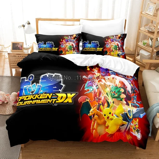 Pokemon Black Red and Yellow Pikachu Duvet Cover Pillowcase Charizard Charmander Bedding Set Polyester Warm Bedclothes for Kids Bed Sheets