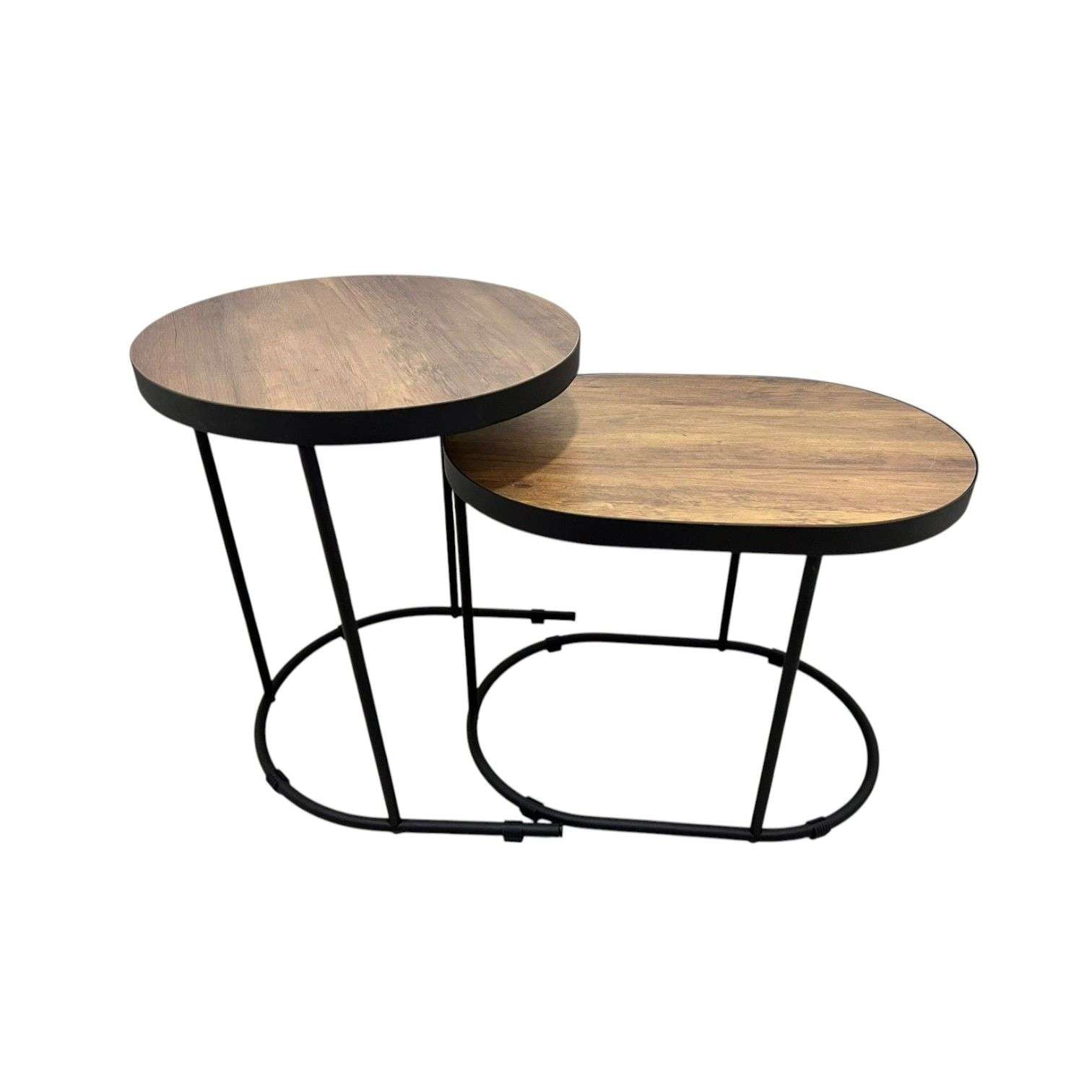 Oem - Set 2 Mesas Laterales Centro Madera Metal Ovalada Y Redonda