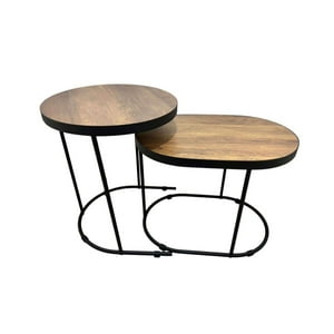 Oem - Set 2 Mesas Laterales Centro Madera Metal Ovalada Y Redonda