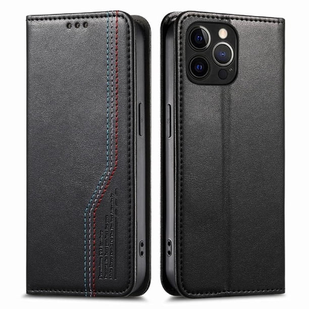 Funda tipo cartera para iPhone 15 Pro de piel con cierre magnético, ranuras para tarjetas y correa para la muñeca Negro