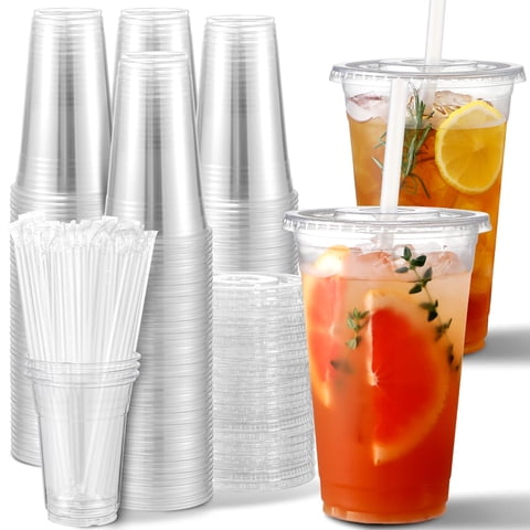Aozita - Vasos De Plástico 600 Ml Con Tapas Y Pajitas Para