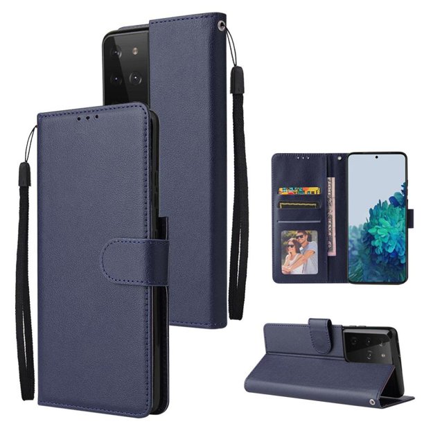 Funda Cartera para Samsung Galaxy S21 Ultra 5G con Tarjetero, Soporte y Cordón - Protección Azul