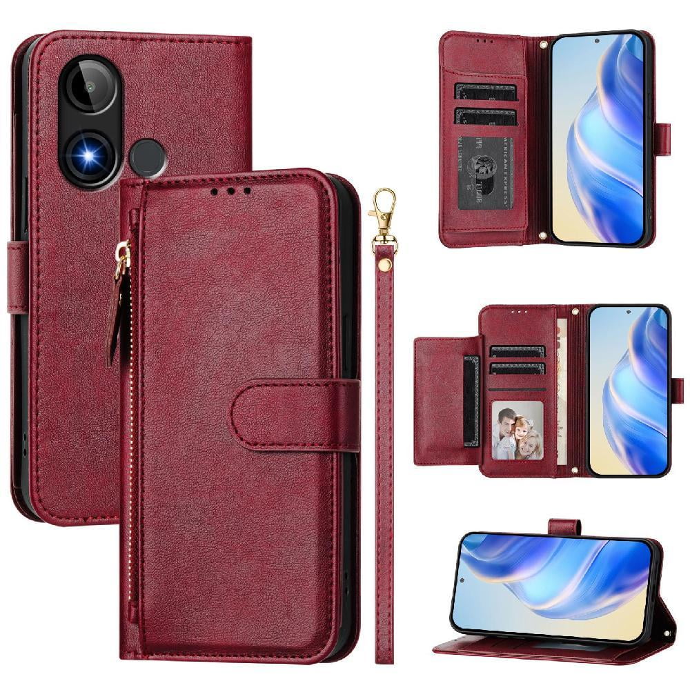 Foxdock - Funda Tipo Cartera Para Blu C9 Con Bolsillo Con Cremallera, Tarjetero, Soporte, Correa Para La Muñeca Y Tapa De Cuero Rojo