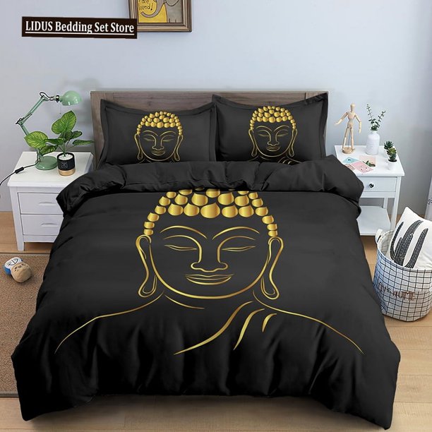 x2524 Bed SheetsBuddha Bedding Set Indian Religion Buddhism Meditation Mandala Duvet Cover Smile Buddha Floral Soft Quilt Cover Size 3-Piece Bedding Set (1 Duvet Cover + 2 Pillow Shams) nj2524