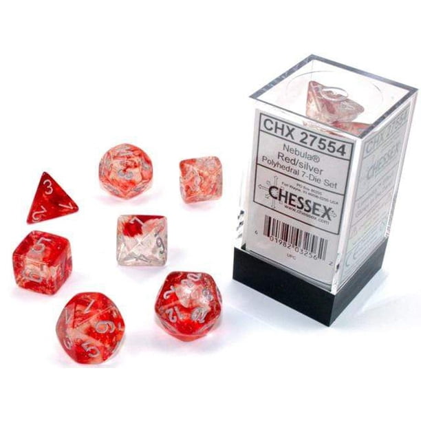 Juego de dados de juego Chessex Nebula Polyhedral, rojo y plateado, con juego de 7 dados Luminary