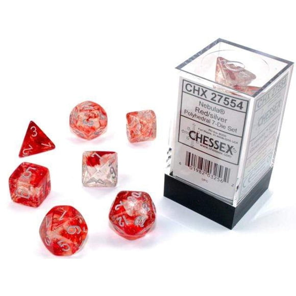 Juego de dados de juego Chessex Nebula Polyhedral, rojo y plateado, con juego de 7 dados Luminary