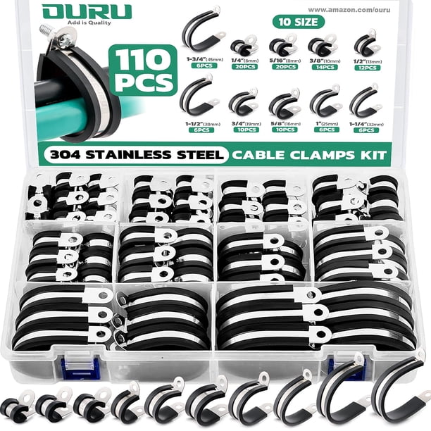 Kit de abrazaderas para cables OURU de 110 piezas, acero inoxidable 304 con goma, 10 tamaños