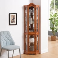M&Ms - Curio Cabinet Lighted Glass Display Curio Cabinet W/Tempered Glass Doors And Shelves, Crown Corner Cabinet With Bulb, Corner Storage Decoration For Living Room And Bedroom Oak