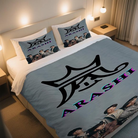 ARASHI Stylish Group Photo with Colorful Logo Duvet Cover Set Encounter The Romance of The Cherry Blossom Festival! Bedding Set with Vibrant Digital Printing Machine Washable
