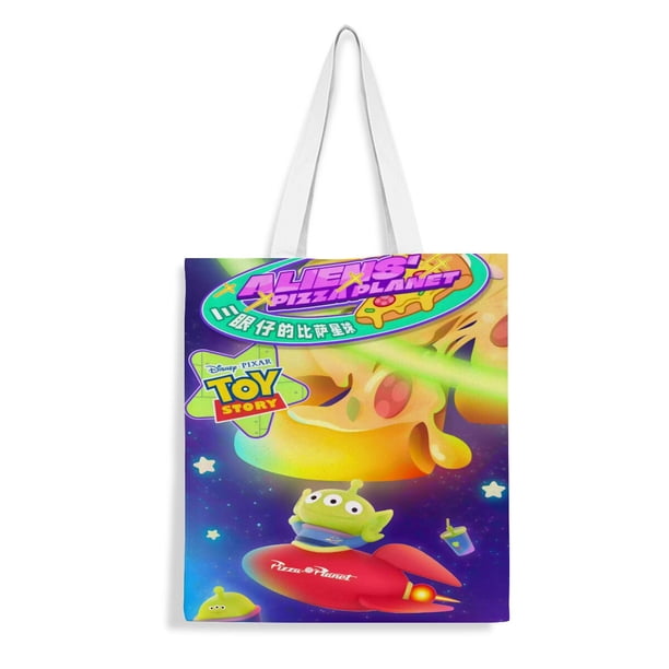 Pizza Planet Aliens Bolso de tela con estampado de lienzo para mujer, bolsa de compras reutilizable y estética, con cremallera interior, regalo para mujer,38*45cm.