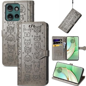 Funda Cartera Foxdock Para Motorola Edge 2024 , Flip Pu Con Relieve De Gatos Y Perros, Tarjetero Y Soporte