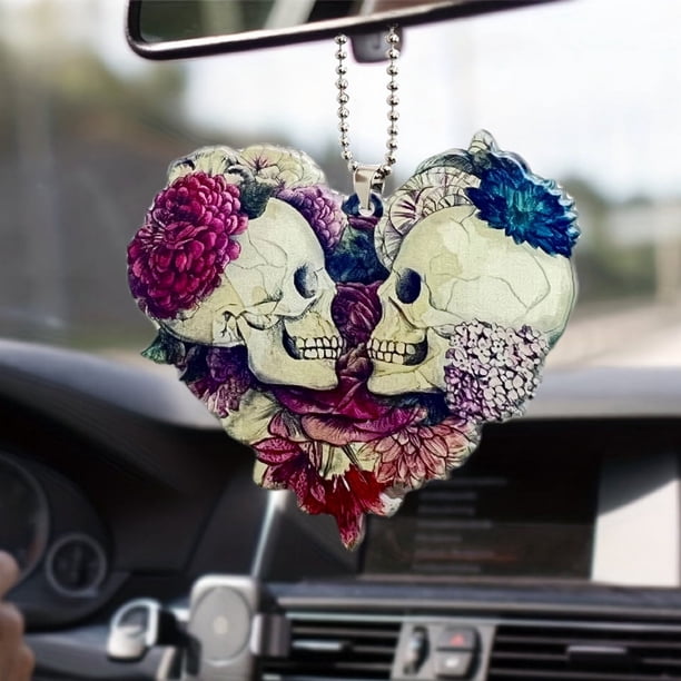 1pc Acrylic Love Heart Skull Flower, Car Rearview Mirror Pendant, Car Interior Decoration Hanging Accessories, Car Fan Keychain