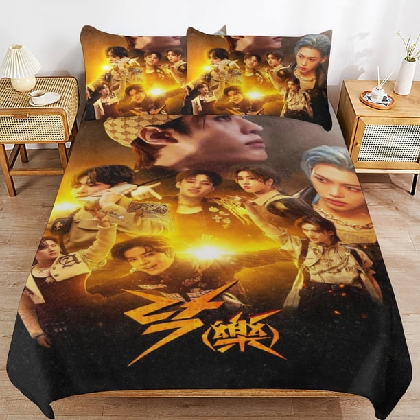 Stray Kids Bedding Set Duvet Cover Comfortable and Lightweight Cartoon Bedding 3 Piece Bed Set