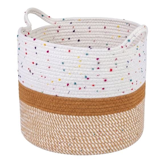 REGALWOVEN 1 Pcs Cesta de Almacenamiento Tejida, Caja de Almacenamiento para Estante y Armario para Mantas, Ropa, Caja Organizadora con Asas para Sala de Estar Blanco Marrón 13.8*13.8*10.6in
