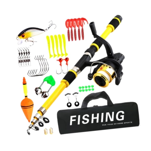 Caña de pescar para niños, set de pesca para niños, aparejos de pesca, caña telescópica y carrete para regalos de cumpleaños para niños y principiantes. Amarillo