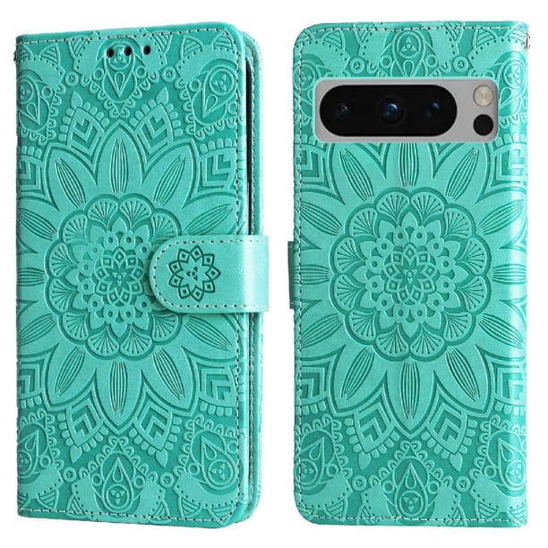 Funda tipo cartera FOXDOCK para Google Pixel 8 Pro , diseño girasol en relieve, cuero PU, cierre magnético, soporte y tarjetero