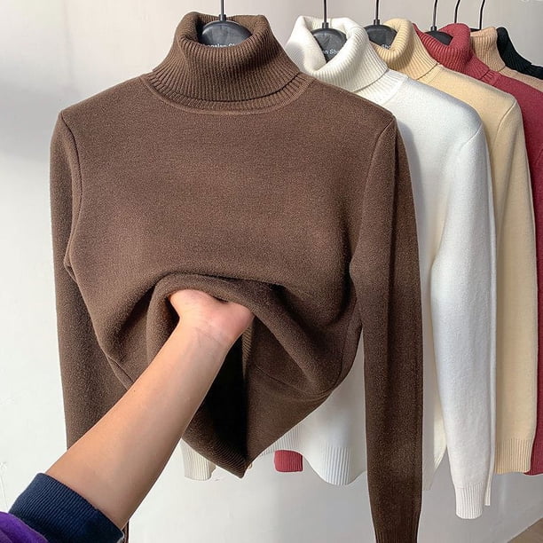 Suéter de cuello alto para mujer, top de otoño e invierno con forro polar, interior grueso, negro, camisa de manga larga para mujer