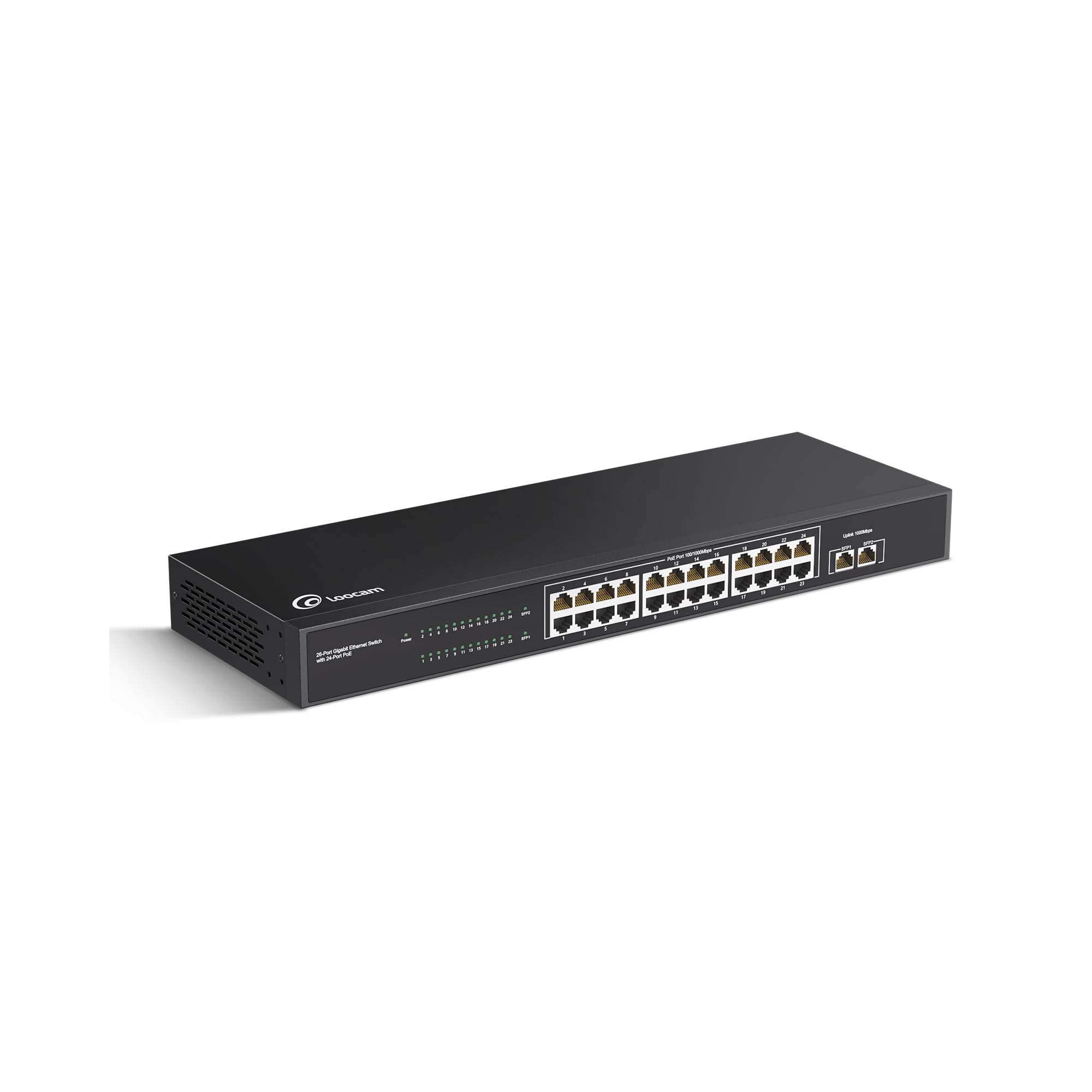 Switch PoE Gigabit de 24 Puertos Loocam 156W, metálico, sin