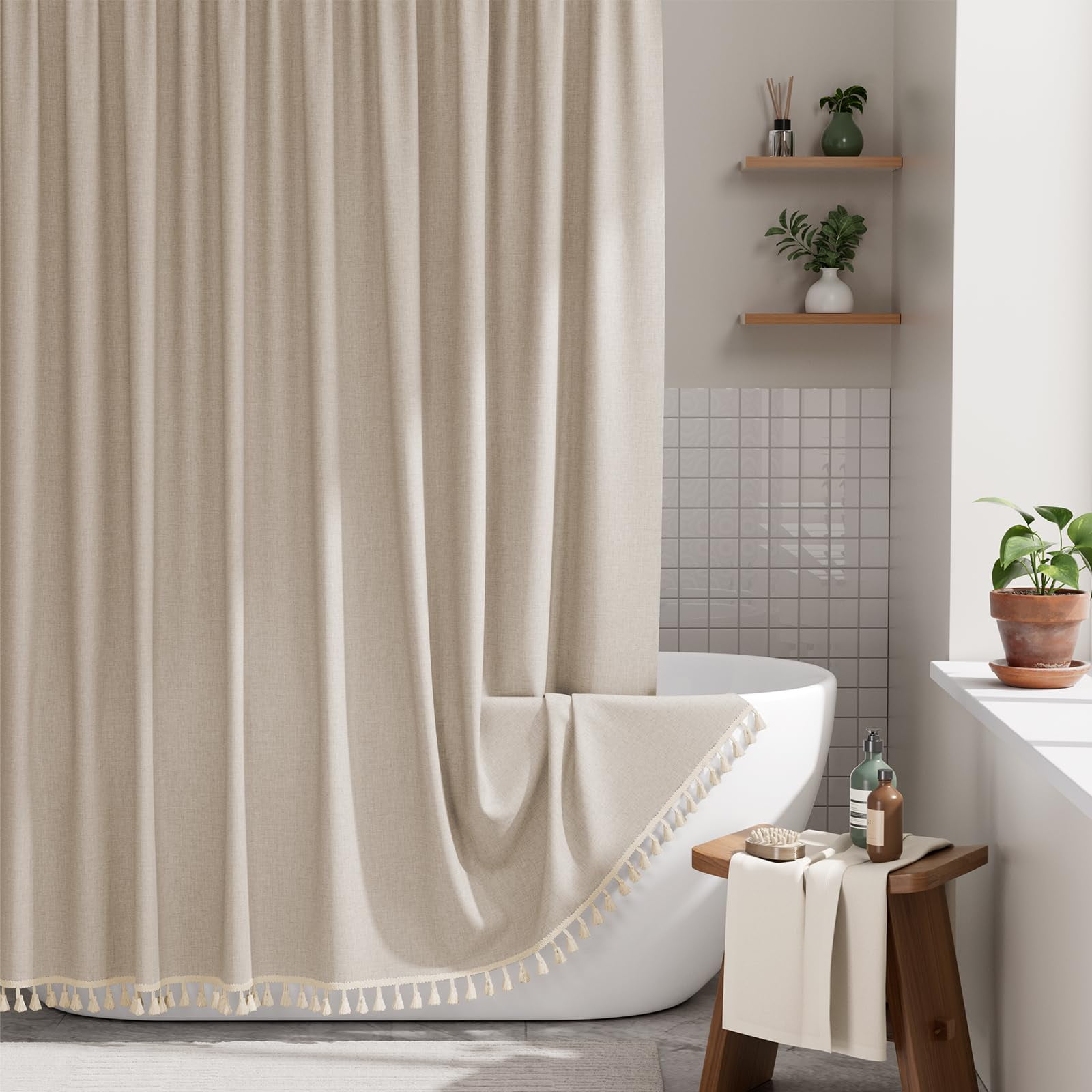 Cortina De Ducha Amazerbath Farmhouse Tan Con Borlas, 180 X 180 Cm